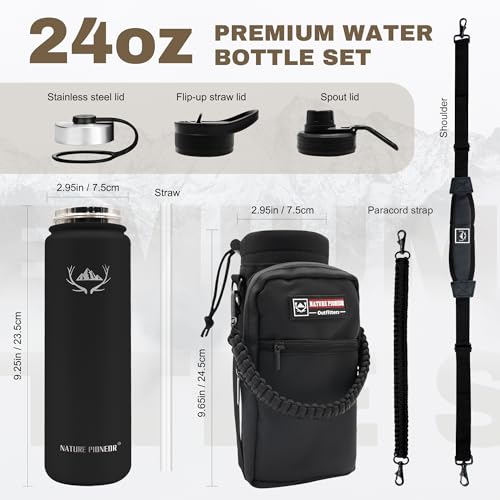 Image of NATURE PIONEOR 24 oz Insulated Water Bottle with Carrier Bag & 3 Lids