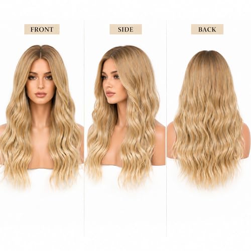 LUFFLOK Lange Gewellt Blond Perücke für Frauen 68cm Lange Lockige Volle Perücken Damen Gewellte Hitzebeständig Volle Haar Perücke für Tägliche Karneval (Blond)