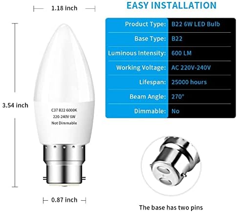 Plusluck B22 LED Candle Bulb Bayonet Cap, 600lm 6W B22 Candle Light Bulbs, B22 LED Light Bulbs Cool White 6000K, 60W Halogen Bulb Equivalent, 270° Beam Angle, Non-Dimmable, 8-Pack