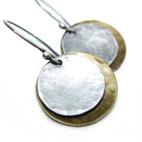 Mixed-Metal-Antiqued-Brass-Sterling-Silver-Earrings-Small-Upcycled-Hammered-Silver-Dangle-Earrings-Rustic-Minimalist-Round-Circle-Boho-Jewelry-Gift