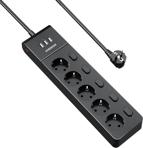 NVEESHOX Regletas Enchufes Conmutable Individualmente(2500W/10A), Regleta Enchufes Proteccion Sobretension con 5 Tomas Corrientes y 3 USB, Regleta Enchufes con USB para el hogar y la Oficina