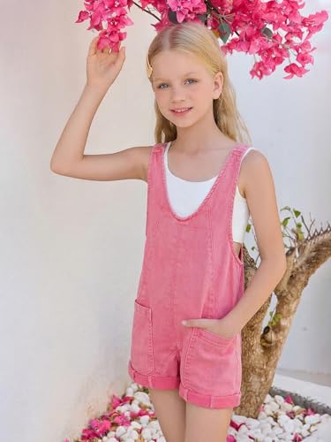 Image of Haloumoning Girls Denim Overall Shorts Kids Summer Adjustable Straps Jumpsuits Jeans Shortalls 5-14 Years
