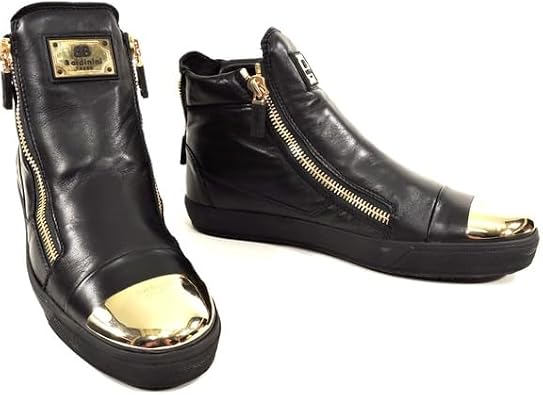 Baldinini Leather High-Top Sneakers, Black with Gold Metal Toe Cap, Two Side Zip Design