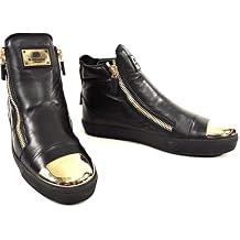 Baldinini Leather High-Top Sneakers, Black with Gold Metal Toe Cap, Two Side Zip Design