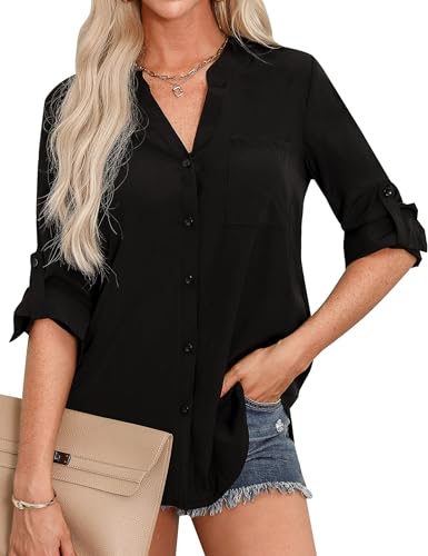 Aottori Blusas Negro Mujer Manga Larga Camiseta Elegante Cuello en V Camisas Ligero Suelto Casual Blusa Shirts Básica Túnica Tops con Botones y Bolsillos Negro M