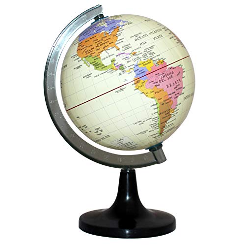 FUREIN Globo Terráqueo en Español Diámetro 15cm, con Meridiano Graduado y Pie de Base (Beige)