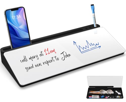 Sliandtelly Schreibtisch Whiteboard mit Stauraum, Trockenwisch Glas Whiteboard inklusive 3 Markern, Organizer für Notizen und Bürobedarf, Wiederverwendbare Schreibtischtafel für Büro und Homeoffice