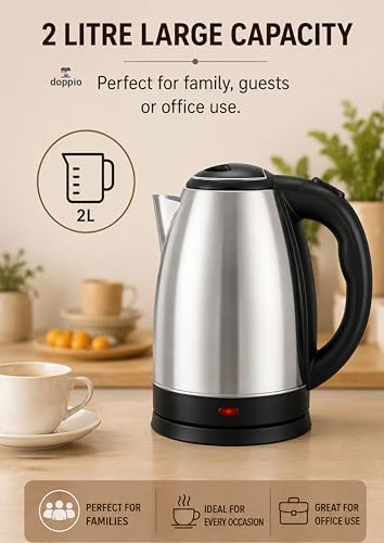 Image of Doppio 2L Stainless Steel Electric Kettle for Tea & Coffee | Fast Boiling Multipurpose Hot Water Kettle with Auto Shut-Off & Boil Dry Protection | 360 Swivel Base | Black & Silver