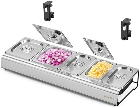 Onlyfire Pizza Topping Station, Stainless Steel Seasoning Containers with Lid & Adjustable C-Clamp, Condiment Serving Container Pizza Oven Accessories for Tabletop, Grill Table Cart and Kitchen