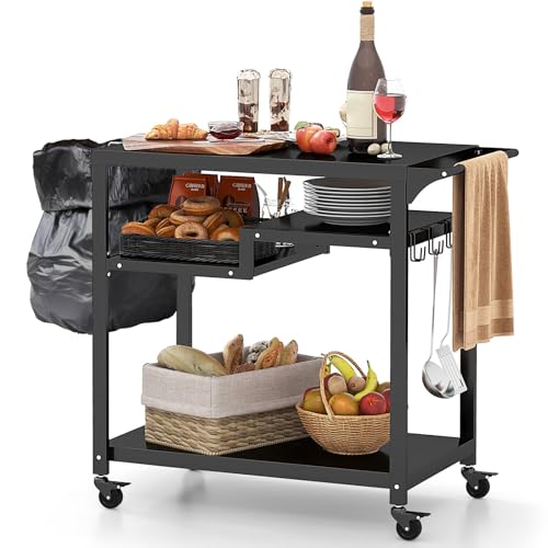 GOPLUS - Carro de barbacoa con 4 ruedas, postre exterior para barbacoa, plancha con 4 ganchos y estante, 111 x 50,5 x 93 cm, carga 50 kg, UI21160ELFR