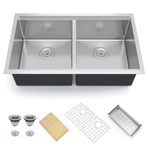 Undermount Kitchen Sink 33×19×10 inch Double Bowl No Ledge, 304 Stainless Steel, Brushed Texture, 2.0mm Edge, 1.0mm Basin, Includes Grid and Drain for Home or Rental Kitchens by PeacefulHues - Used condition - US$79.49