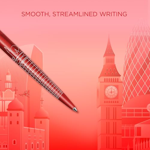 Parker Jotter Stylo bille | Édition spéciale | Rouge Londres avec finition chrome | Pointe moyenne | Encre bleue | Coffret cadeau géométrique