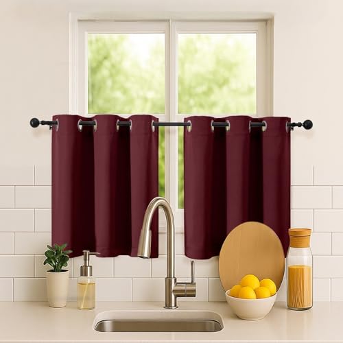Image of Simplebrand Burgundy Short Kitchen Curtains 24 Inch Length 2 Panels Set, Small Windows Room Darkening Curtain for Bathroom, Cabinet, Basement, RV Camper, Thermal Insulated Short Drapes, 40 x 24 Inch
