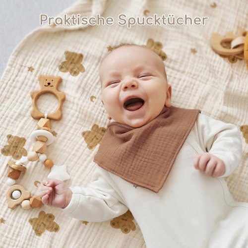 Yukkidds Mulltücher Baby Spucktücher 100% Baumwolle Spucktuch 60x60 cm Saugfähig und Atmungsaktive Wickeltücher Musselintücher 5er Set für Neugeborene Junge und Mädchen Brauner Bär