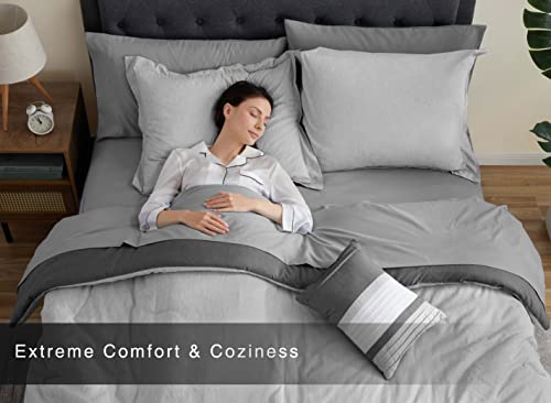 Monbix Queen Bed In A Bag Bed Set All Season Luxury Breathable Microfiber Bedding Collection Cozy Comforter Set Soft Washable Fluffy Grey Gray Reversible Cationic 8 Piece With Shams Sheet And Pillow #TOP2