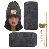 SHENJILL Beanies Crochet Kit for Beginners Crochet Kit with Step-by-Step Videos Tutorials Beginner Knitting Hat Kit for Adults Easy Starter Yarn Kits for Crocheting (Black Gray)
