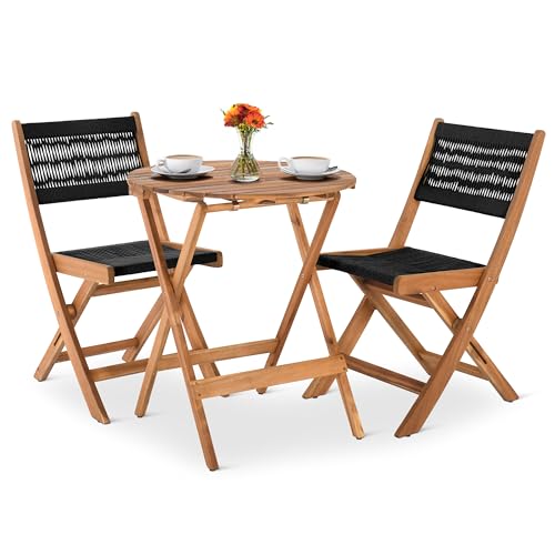 Balkon-Set, Bistrotisch mit 2 Stühlen, 3-TLG. Akazie Natur geölt, Rope, kompaktes Terrassen- und Gartenmöbel-Set, Tisch 60 cm Durchmesser, für 2 Personen, Lanzarote, in Schwarz