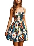 Caractéristiques : robe florale sans manches pour femme/robe d'été décontractée pour femme/mini robe smockée/robe de vacances bleu marine/robe d'été à col carré/robe de vacances courte pour femme