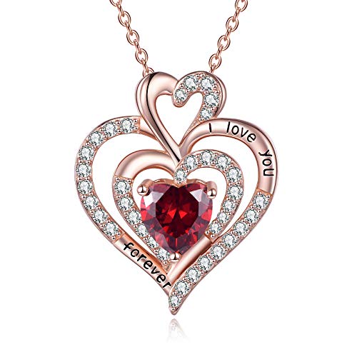TOUPOP Rose Gold Necklaces for Women s925 Sterling Silver Double Heart July Necklace with Ruby Birthstone I Love You Forever Jewelry Gifts for Women Sister Birthday Mom Girlfriend