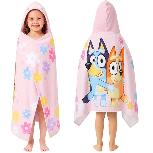 Get Trend Bluey Serviette de Bain avec Capuche Filles, 125x75cm, Coton Poncho de Bain Enfant, Douce et Absorbante Serviette de Plage, Voyage Accessoires, Ete...