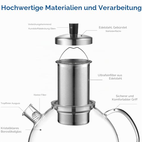 ecooe Teekanne aus Glas mit Teesieb 1500 ml, hitzebeständige Teekanne aus klarem Glas mit herausnehmbarem Edelstahl-Teesieb, für schwarzen Tee, Grüntee, duftenden Früchtetee