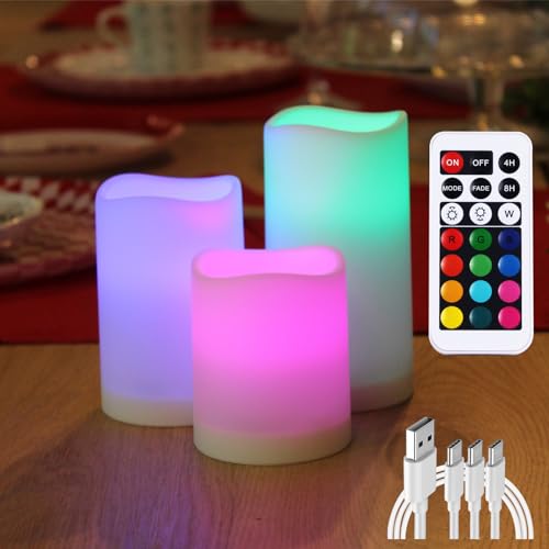 Image of WRalwaysLX 3pack USB Type-C Rechargeable Color-Changing LED Pillar Candles with Remote Control, Dia2.5, H3 4 inch 5 inch for Bedroom, Living Room...