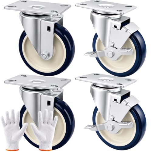 5 Inch Caster Wheels Set of 4, Heavy Duty 2 Swivel & 2 Side-Brake, Blue