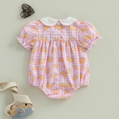 woshilaocai Baby Girl Pumpkin Romper Doll Collar Plaid Jumpsuit Infant Halloween Smock Bubble Bodysuit4