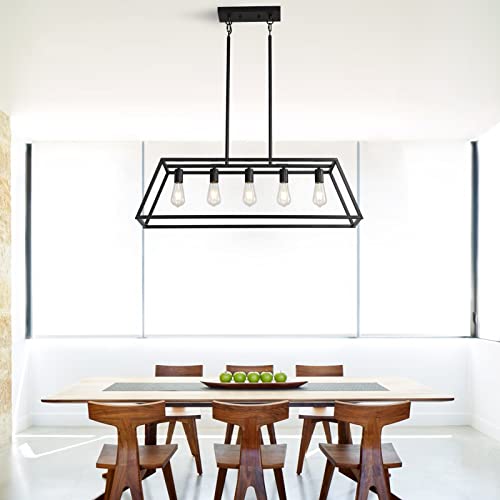 Xislthotsl Black Kitchen Island Lighting, 5-Light Farmhouse Chandeliers, Modern Industrial Linear Rectangle Pendant Light Fixtures For Dining Room Kitchen Bar Foyer(Metal, E26 Base) #TOP6