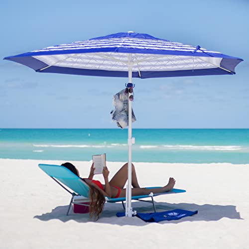 Ammsun 8Ft Fiberglass Ribs Commercial Grade Patio Beach Umbrella With Separate Sand Anchor Air- Vent & Carry Bag Without Tilt Beach Umbrellas For Sand Heavy Duty Wind Portable Blue White Stripe #TOP1