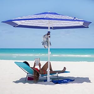 AMMSUN 8ft Heavy Duty High Wind Commercial Grade Patio Beach Umbrella with Separate Sand Anchor Air Vent Carry Bag Fiberglass Ribs without Tilt Outdoor umbrellas for sands Blue White Stripe