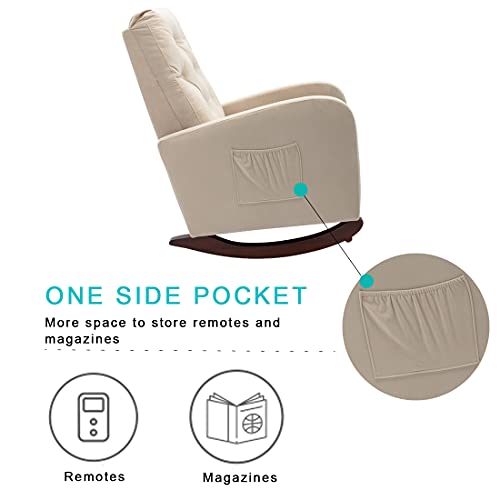 Rocking Accent Chair, Tufted Upholstered Luxury Velvet Lounge Chair, Glider Rocker Armchair With Side Pocket For Nursery, Living Room, Bedroom, Solid Wood Frame For 300 Lbs Support (Sandy Beige) #TOP5