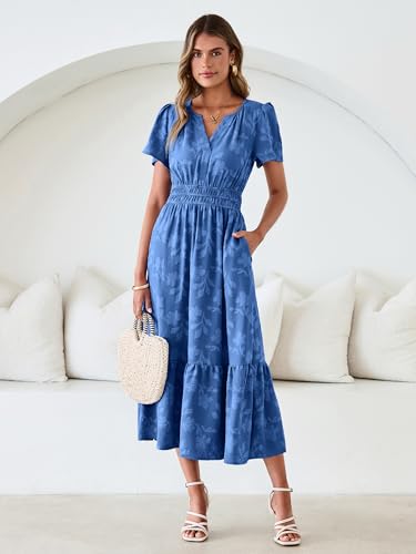 Image of Simplee Womens Summer Boho Maxi Dress Semi Formal Wedding Guest Short Sleeve V Neck Empire Waist Floral Long Dresses