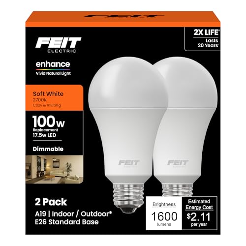 Feit Electric A19 LED Light Bulb, 100W Equivalent, Dimmable, E26 Base, CRI 90, 1600 Lumens, 2700K Soft White, General Purpose Light Bulb, 22-Year Lifetime, OM100DM/927CA/2, 2 Pack by Feit Electric - Used condition - US$8.75