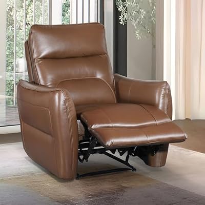 Contemporary Caramel Brown Power Recliner with Flare Welt Trim Arms