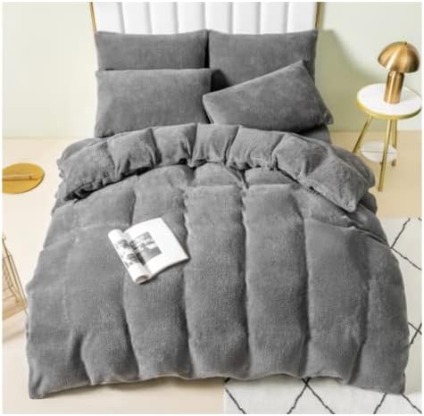 Home In Style 4U Ruby Deals Teddy Fleece Duvet Cover Sets- Thermal Cozy Winter Quilt Cover with Pillowcases- Ultrasoft Plain Teddy Bear Bedding Set Double Charcoal