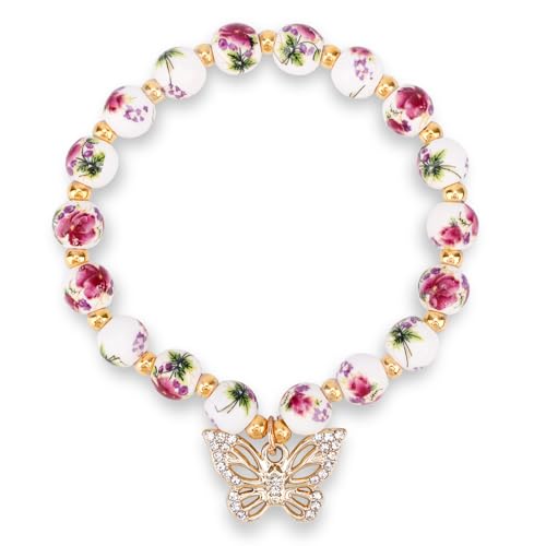 Mikovivi Floral Mariposa Pulsera de Cuentas, Antiguo Ajustable Flor Mariposa...