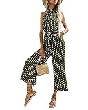 QIAOZHI Women Green Polka Dot Print Jumpsuits Halter Neck Sleeveless Rompers Wide Leg Pants with Belt