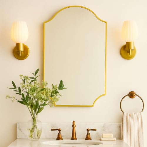 Image of TEHOME Scalloped Brushed Gold Bathroom Mirror, Brass 24x32'' Decorative Bathroom Vanity Mirror