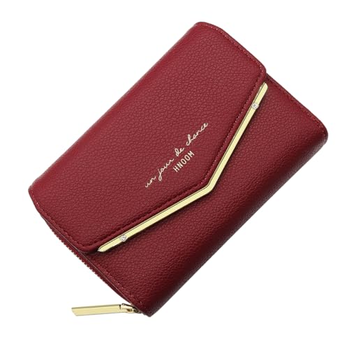 HNOOM Geldbörse Damen klein, Kleines Portemonnaie, Glattem und Weichem Synthetisches PU Leder, Damen Geldbeutel im Kurzformat mit Druckknopf Reißverschluss und 9 Fächer (Rot)