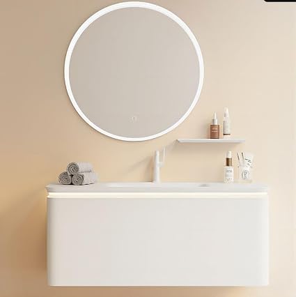 CAPSTONA Bathroom Vanity Cabinet with Sink, Circular Mirror, Shelf, White (29.1 * 20.6 * 16.9)