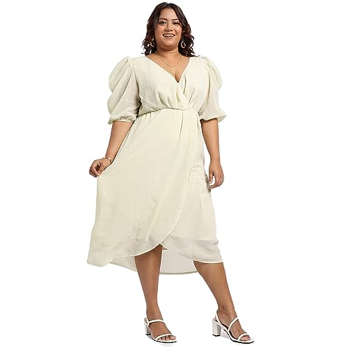 Image of Instafab Plus Women's Baby Pink Petal Hem Dress for Casual Wear | Puff Sleeve | Polyester Fabric | V-Neck Dress Crafted with Comfort Fit for Everyday Wear