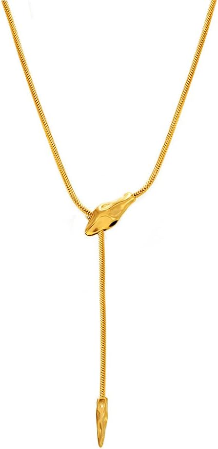 ADAJURI 14K Gold Plated Biting Snake Chain Lariat Necklace ｜Italian Flat Foxtail Chain Snake Head Pendant Y-Shape Necklace | Surprisingly Affordable Serpentine Zircon Jewelry for Daily Wear