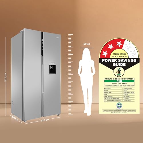 Image of Haier 596 L 3 Star Frost Free Expert Inverter Smart Sense AI enabled 2-Door Side by Side In-built Water Dispenser Refrigerator (HRS-682SWDU1, Shiny Silver, Magic Convertible)