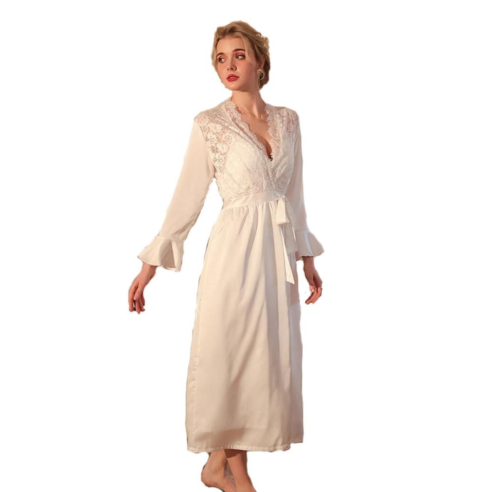 Blumenspitzen Kimono für Damen,Seidiger Satin Bademantel aus Netzstoff Morgenmantel mit Romantischem Französischen Rüschen Nachthemd Leichter Sommerbademantel für Hochzeitsfeiern Weiß,L