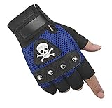 SZTLKHH Men's Punk Rock Biker Gothic Skull Gloves Motorcycle Skeletal Rivet Cycling Driving Fingerless Mitten (Blue)