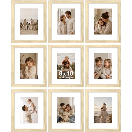 Vittanly 8x10 Picture Frames Set of 9 for Wall or Tabletop Display, OAK