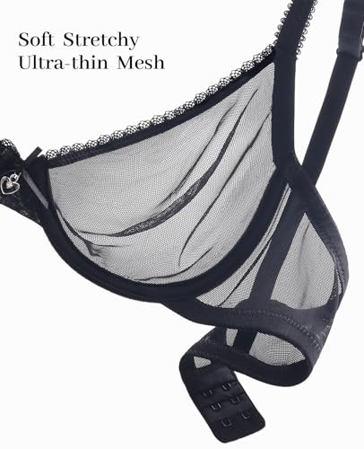 Plusfreeee Sexy Women'S See Through Mesh Balconette Bras For Women Demi Sheer Unlined Unpadded Bra Plunge Seamless Bralette Black,38B thumb #6