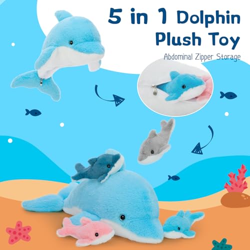 Tezituor Dolphin Stuffed Animal with 4 Babies, 20.5" Large Dolphin Plush Toy Realistic Ocean Stuffed Animals Soft Plushies Home Decor Christmas Birthday Gifts for Boys Girls Kids by Tezituor - Used condition - Image 2