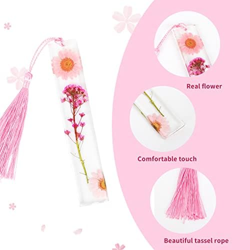 Gukasxi Dried Flower Resin Bookmarks Personalised, Colorful Pressed Floral Bookmarks Study Book Reading Page Markers, for School Readers Students Teachers Gift (Pink)